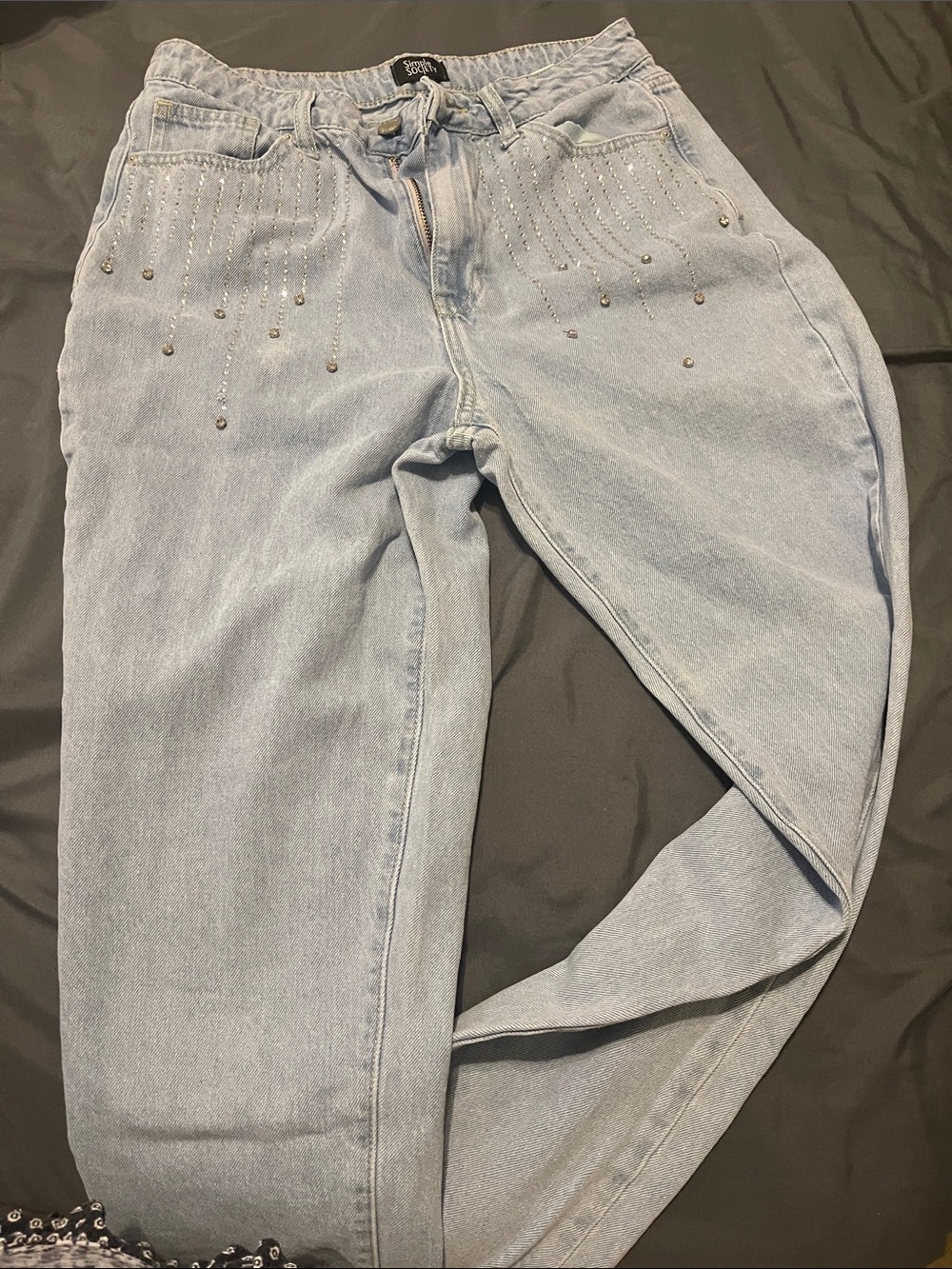 Light Blue Women’s Boyfriend Jeans with Rhinestone Detail